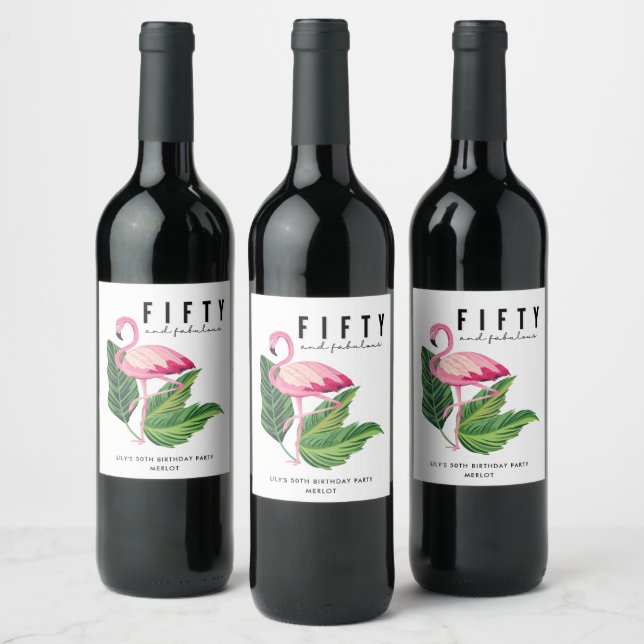 Femtio och Fabulous Flamingo 50:e Födelsedagsfeste Vinflaska Etikett (Flaskor)