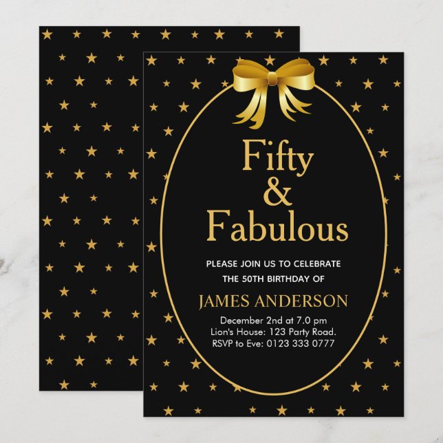 Femtio och Fabulous med gyllene stjärnor på svart Inbjudningar (Fram/baksida)