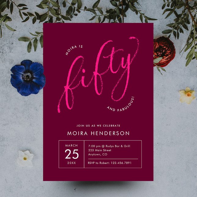 Femtio och Fabulous Modern Rosa 50:e födelsedagen Inbjudningar (Modern minimal fifty birthday party pink script typography 50th birthday invitation)
