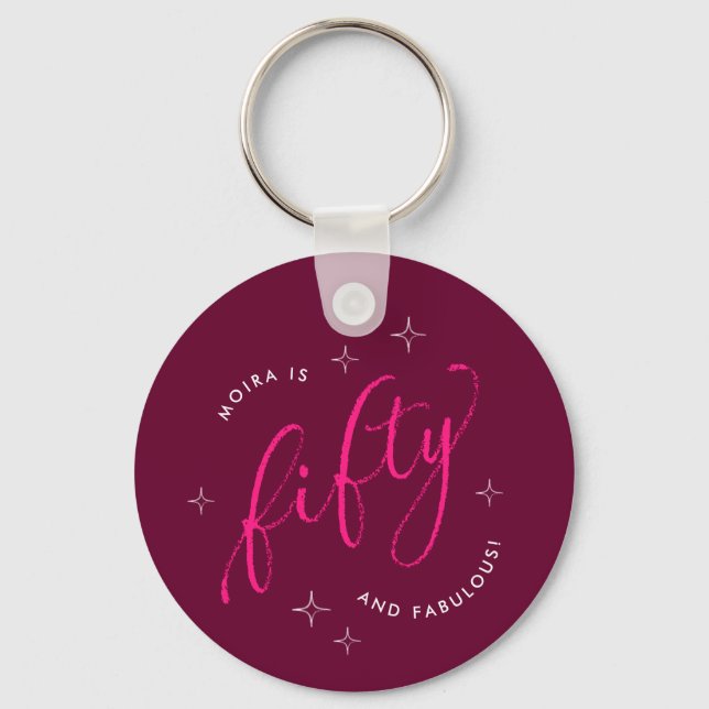Femtio och Fabulous Modern Rosa 50:e födelsedagen Nyckelring (Framsida)