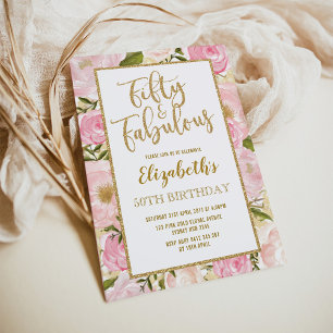 Femtio och Fabulous Rosa Guld Blommigt 50:e födels Inbjudningar