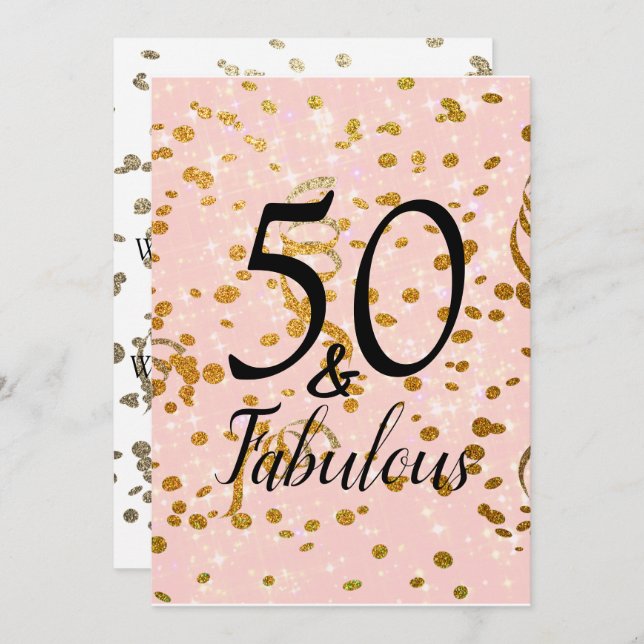 Femtio och Fabulous Rosa och Guld Confetti Birthda Inbjudningar (Fram/baksida)