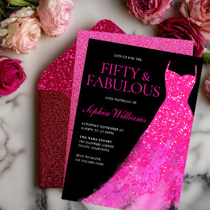 Femtio och Fabulous! Shock rosa Dress 50:e födelse Inbjudningar