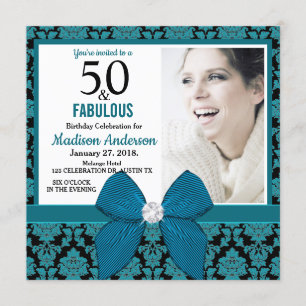 Femtio och Fabulous teal Black Damask 50:e födelse Inbjudningar