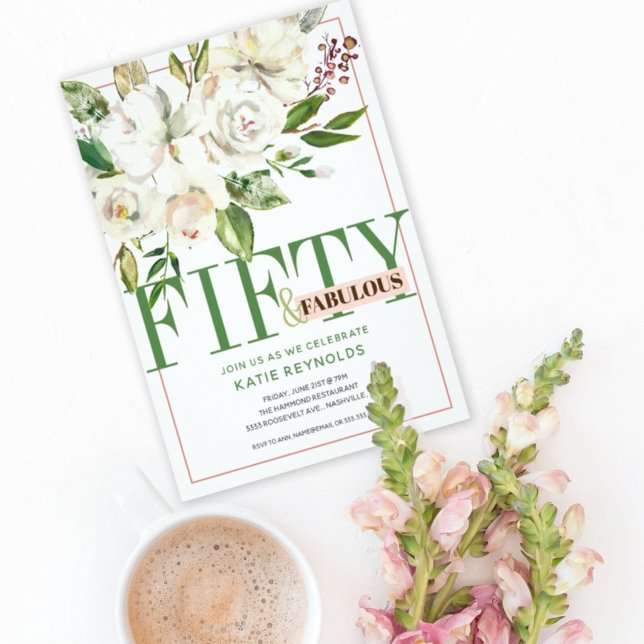 Femtio och Fabulous White Blommigt Birthday Inbjudningar (Skapare uppladdad)