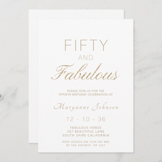 Femtio och Fabulous White Guld Modern femtionde fö Inbjudningar (Fram/baksida)