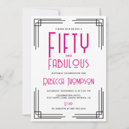 Femtio och fantastisk het rosa Art Deco 50-årsdag Inbjudningar