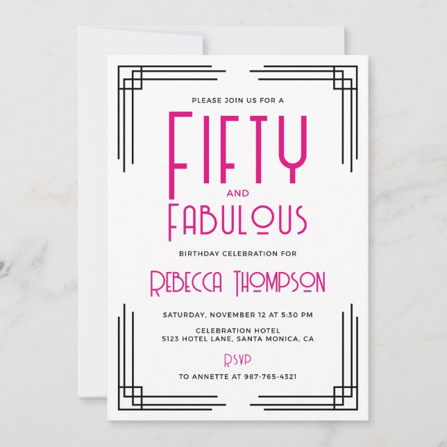Femtio och fantastisk het rosa Art Deco 50-årsdag Inbjudningar (Framsida)