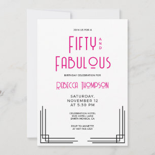 Femtio och fantastisk het rosa Art Deco 50-årsdag Inbjudningar