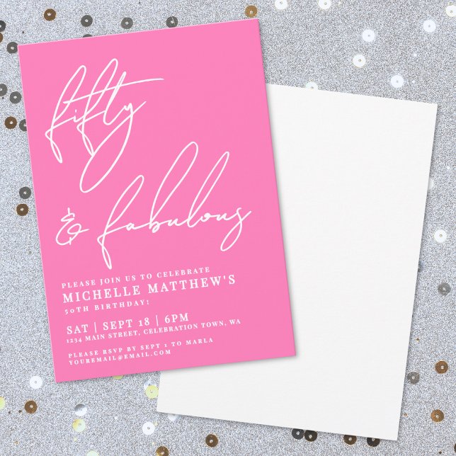 Femtio Och Fantastisk Hetrosa 50-årsfirande Inbjudningar (Fifty And Fabulous Hot Pink 50th Birthday Invitation)