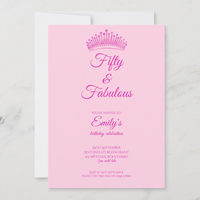 Femtio och fantastisk krona rosa födelsedag inbjudningar (Framsida)