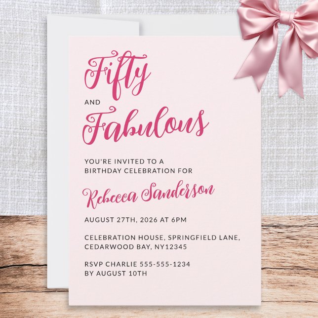 Femtio och fantastisk rosa 50-årsfest inbjudningar (A personalized 50th birthday party invitation with pink script typography and black lettering)