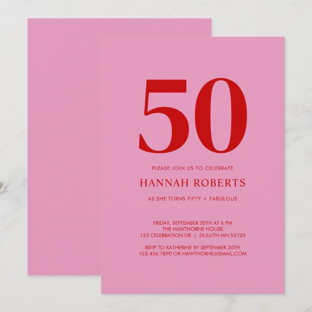 Femtio och fantastisk rosa röd 50-årsfest inbjudningar (Fram/baksida)