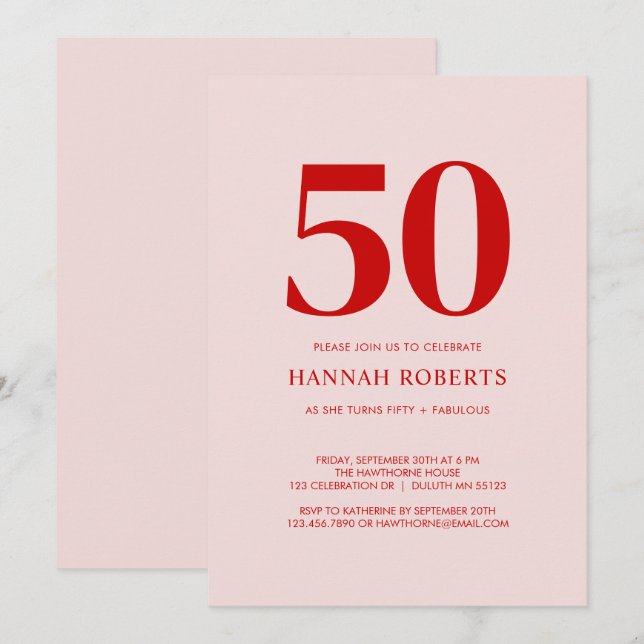 Femtio och fantastisk rosa röd 50-årsfest inbjudningar (Fram/baksida)