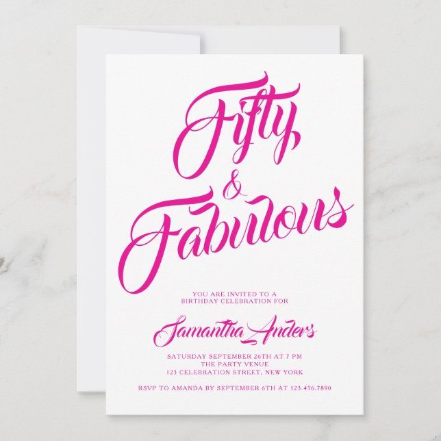 Femtio och fantastisk rosa skript 50-årsfest inbjudningar (Framsida)