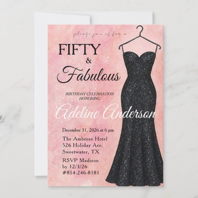 Femtio och fantastisk Rosa vattenfärg Svart glitte Inbjudningar (Framsida)