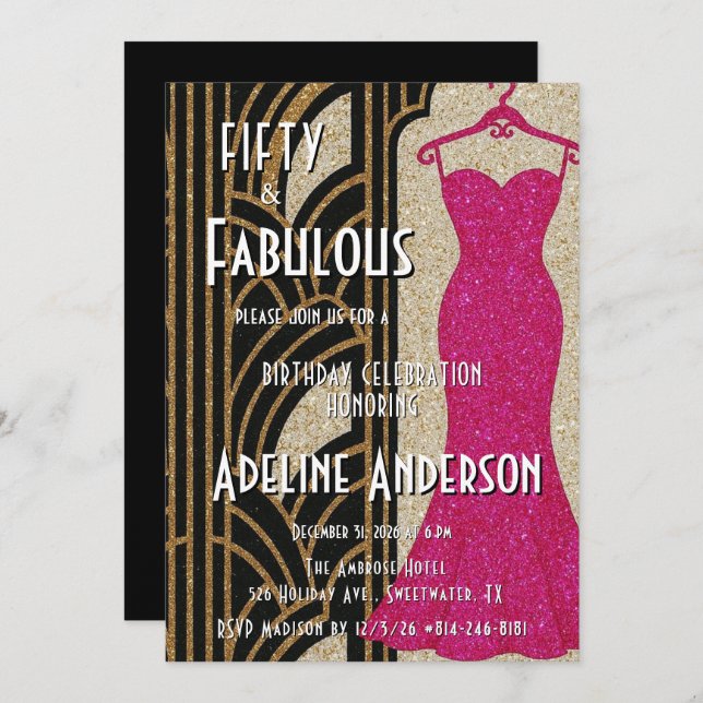 Femtio och fantastisk svart guld rosa Art Deco 50- Inbjudningar (Fram/baksida)