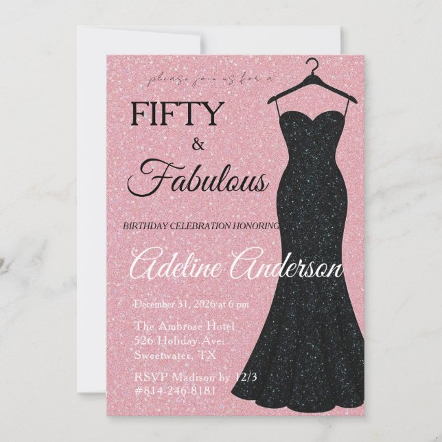Femtio och fantastisk svart och rosa glitter 50-år inbjudningar (Framsida)