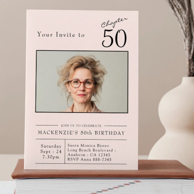 Femtio  Rosa 50:e Födelsedagsfestens foto Inbjudningar (50th birthday invitation on a book.)