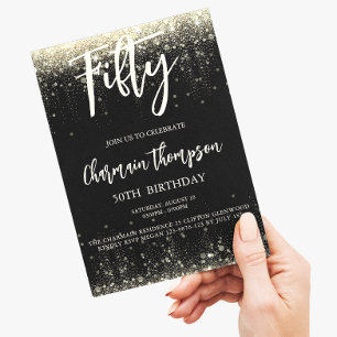 Femtio svarta Guld Glitter 50:e Födelsedagsfesten Inbjudningar