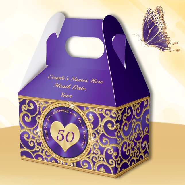 Femtioårsdagen av det stenande Royalets Lila och G Presentaskar (Purple and Gold, 50th anniversary party ideas for parents. 50th wedding anniversary favor boxes.)