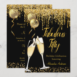 Femtioårsfirande Glitter Guld Champagne 2 Inbjudningar