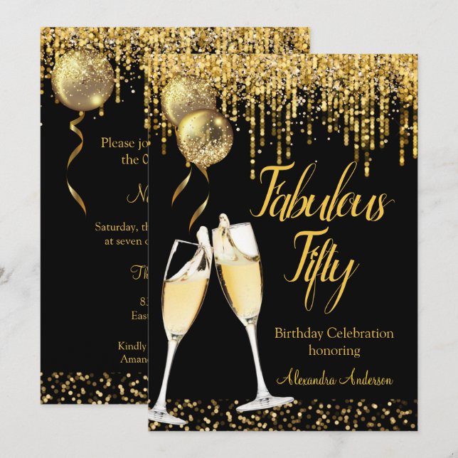 Femtioårsfirande Glitter Guld Champagne 2 Inbjudningar (Fram/baksida)