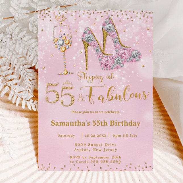 Femtiofemte Högklackar Bubly 55 Birthday Inbjudningar (sparkly-diamond-glamour-gold-pink-high-heel-platform-pump-stiletto-stepping-into-fifty-five-birthday)