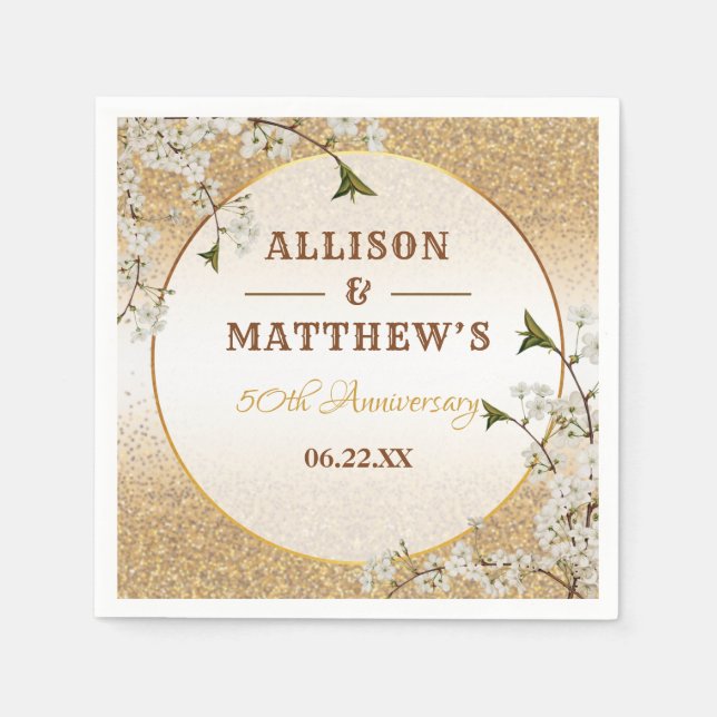 Femtionde årsdagen av Blommigten Bröllop vid Guld  Pappersservett (Framsidan)
