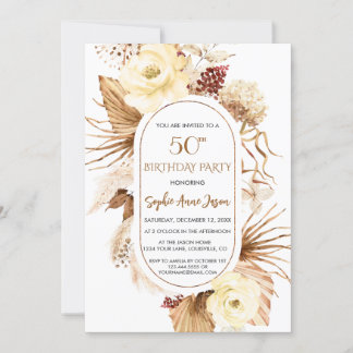 Femtionde födelsedagen för elfenben Blommigt Pampa Inbjudningar