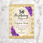 Femtionde födelsedagen - Guld Rand Lila Ro Inbjudningar<br><div class="desc">50:e födelsedagsinbjudan. Elegantens utformning i guld och lila. Funktioner faux glitter guld rand,  lila ro snyggt script font och confietti. Perfekt för en glam-födelsedagsfest.</div>