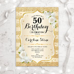 Femtionde födelsedagen - Guld Rand Vit ros Inbjudningar<br><div class="desc">50:e födelsedagsinbjudan. Utformning av blommigten i guld och vitt. Funktioner faux glitter guld rand,  vit ros snyggt,  skriptteckensnitt och konetti. Perfekt för en glam-födelsedagsfest.</div>