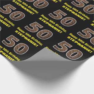 Femtionde födelsedagen: Namn & Faux Wood Grain Mön Presentpapper