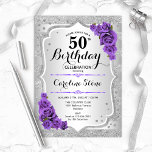 Femtionde födelsedagen - Silver Rand Lila Ro Inbjudningar<br><div class="desc">50:e födelsedagsinbjudan. Utformning av blommigten för elegant i silver och lila. Funktioner faux glitter silver rand,  lila ro snyggt script font och confietti. Perfekt för en glam-födelsedagsfest.</div>