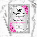 Femtionde födelsedagen - Silver Rand Rosa ros Inbjudningar<br><div class="desc">50:e födelsedagsinbjudan. Utformning av blommigten för elegant i silver och rosa. Funktioner faux glitter silver rand,  rosa ros snyggt,  skriptteckensnitt och konetti. Perfekt för en glam-födelsedagsfest.</div>