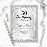 Femtionde födelsedagen - Silver Rand Vit ros Inbjudningar<br><div class="desc">50:e födelsedagsinbjudan. Utformning av blommigten i silver och vitt. Funktioner faux glitter silver rand,  vit ros snyggt,  skriptteckensnitt och konetti. Perfekt för en glam-födelsedagsfest.</div>