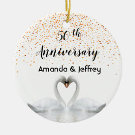 Femtionde guld-årsdagen för bröllop, vita svanar julgransprydnad keramik