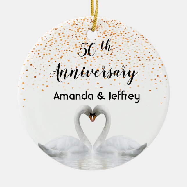 Femtionde guld-årsdagen för bröllop, vita svanar julgransprydnad keramik (Framsidan)