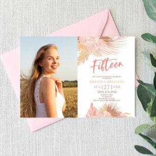 Femton Boho Rosa Photo 15:e Födelsedagsfesten Inbjudningar