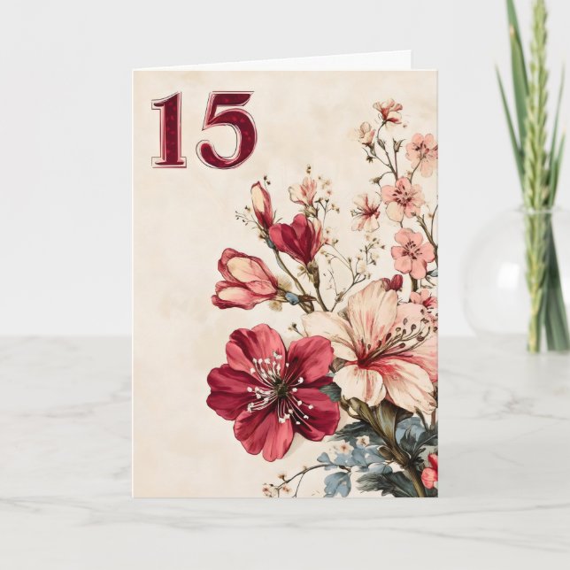 Femton röda rosa blommor helgkort (Framsida)