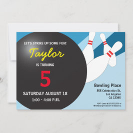 Femtonårsdagen bowling party blå röd gult inbjudningar