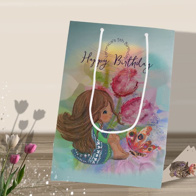 Femtonårsflickfjäril (5th birthday girl butterfly medium gift bag)