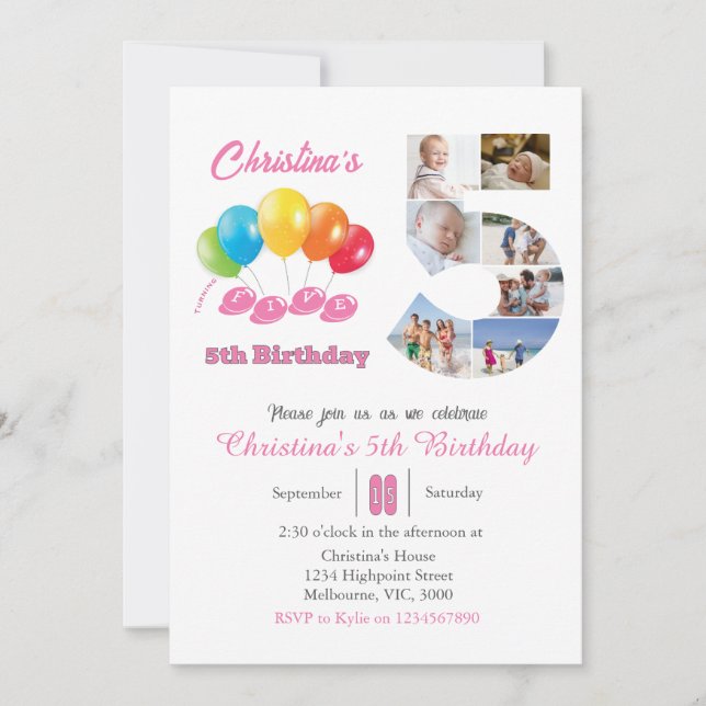 Femtonårsfotokollage nummer 5 Flickor Inbjudningar (Framsida)