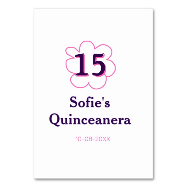 Femtonde quinceanera grattis på födelsedagen rosa  bordsnummer (Framsidan)