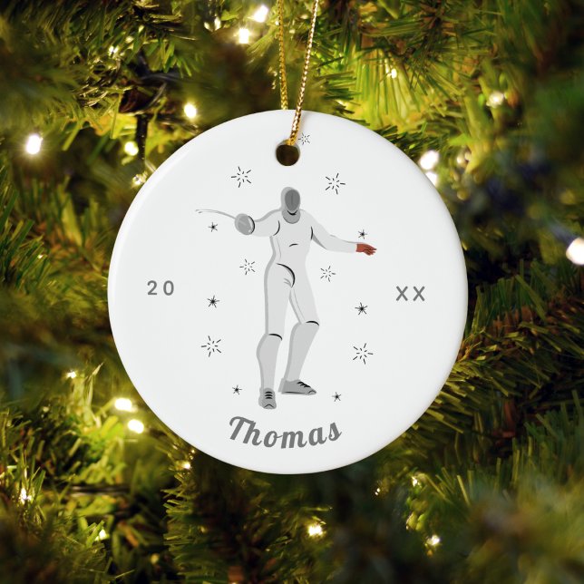 Fenfeming Silhouette Fencer Fence Barn Namn Grått Julgransprydnad Keramik (Skapare uppladdad)