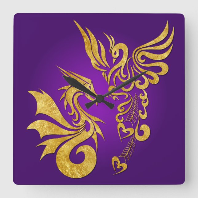 Feng Shui Golden Phoenix & Dragon Clock - lila Fyrkantig Klocka (Framsida)