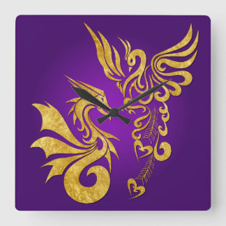 Feng Shui Golden Phoenix & Dragon Clock - lila Fyrkantig Klocka