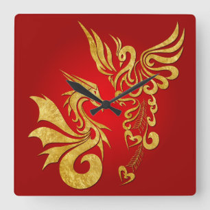 Feng Shui guld- Phoenix & drake tar tid på - röt Fyrkantig Klocka