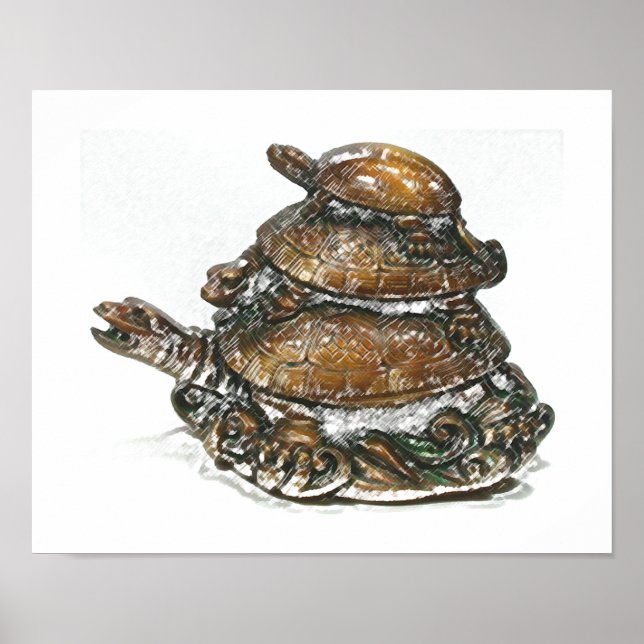Feng Shui Triple Turtle - Guld Poster (Framsidan)