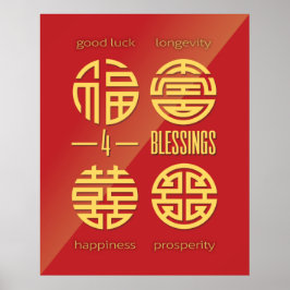 Feng Shui Wall Art - Red Four Blesses Poster